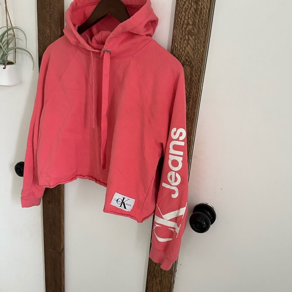 Calvin Klein Jeans Women’s Cropped Pink White Logo Hoodie size small